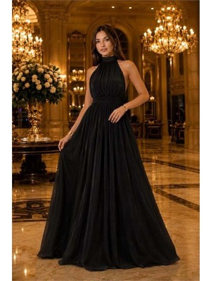 Dip Moda Kadın Siyah Halter Yaka Janjan Kumaş Premium Abiye Elbise DPMY4128