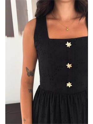 Dip Moda Kadın Siyah Fisto Işlemeli Düğme Detaylı Midi Boy Kare Yaka Elbise DPK4644