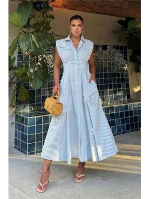 Dip Moda Kadın Mavi Poplin Kumaş Kol Vatkalı Çiçek Işleme Detaylı Tasarım Elbise ---- DPEMP2750