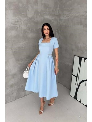 Dip Moda Kadın Mavi Kare Yaka Taş Detaylı Etek Drapeli Midi Boy Elbise ---- DPK4621