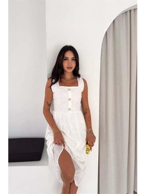 Dip Moda Kadın Beyaz Fisto Işlemeli Düğme Detaylı Midi Boy Kare Yaka Elbise DPK4644