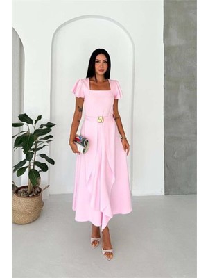 Dip Moda Kadın Pembe Kol Volanlı Gold Toka Detaylı Kemerli Midi Boy Elbise DPK088