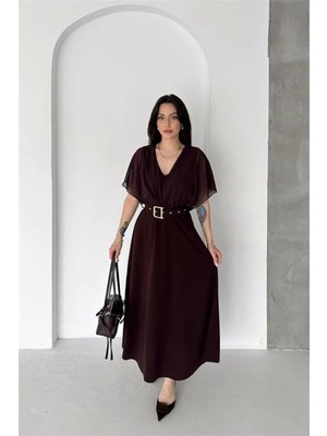 Dip Moda Kadın Kahverengi Şifon Kol Detaylı V Yaka Kemerli Midi Boy Elbise ----DPK085