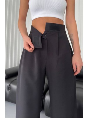 Dip Moda Kadın Atlas Kumaş Cırtlı Palazzo Pantolon DPGTS029 - Siyah