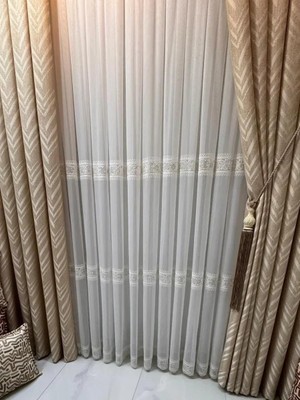 Tr Verona 2048 Gold Çiçekli 1/2,5 Pileli Tül Perde, 150 x 250