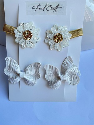 Tr Trend Craft Saç Tokası Seti, Beyaz Çiçek ve Kelebek Desenli, Simli Detaylı, 4 Parça