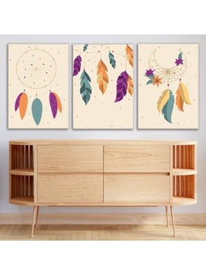 Kadıoğlu Ticaret 3'lü Bohem Kanvas Tablo Seti 19 - Modern Boho Duvar Dekoru - Modern Çizgili Tasarım 3 Parça Tablo, 35X50 cm
