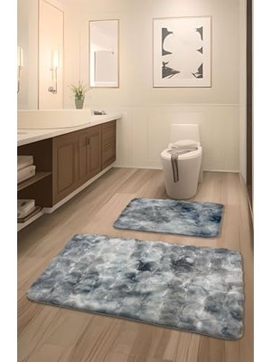 Kadıoğlu Ticaret Bubble Tavşan Tüyü, Kaymaz Taban, Pofuduk, Ultra Lüks, Yıkanabilir 2'li Banyo Matı (Eskitme Mavi)