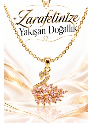 ASTRO STONES Pembe Zirkon Taşlı Kuğu Kolye – Altın Sarısı Çelik Zincir, 40+5 cm – Kutulu Gönderim
