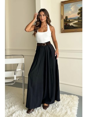 Nana & Mayka Moda Kadın Siyah Modal Yüksek Bel Bol Paça Kemerli Pantolon Etek