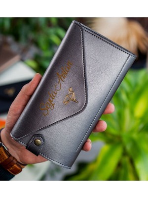 Bk Gift Kişiye Özel Isimli Telefon ve Bozuk Para Bölmeli Zarf Model Antrasit Siyah Kadın Cüzdanı, Sevgiliye Hediye, Anneye Hediye