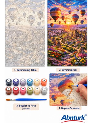 Abnturk 30X40CM Sayılara Göre Boyama Kanvas Tablo-Ahşap Çerçeveli 12 Renkli Boya ve Fırçalı Kapadokya temalı Hobi Seti