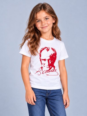 Nly Üniforma Atatürk Baskılı Beyaz Çocuk Tişörtü Unisex Atatürk Imzalı Kısa Kollu Beyaz T-Shirt