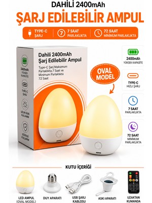 Neo Vista Ampul Görünümlü Oval Model Kamp ve Gece Lambası Şarjlı, Uzaktan Kumandalı E27 Duya Uyumlu
