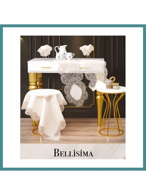 Trendexa Salon Takımı 5 Parça Keten Dantelli Masa Örtüsü Runner Seti Bellisima Model No 800 -Krem-Kapiçino Mac