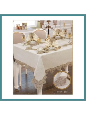 Trendexa El Işi Angles Flora 17 Parça 8 KIŞILIK165 × 265 cm Runner Krem-Gold Şık Çeyizlik Masa Takımı Mac