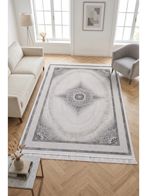 Merinos Elegance  %100 Akrilik Saçaklı Yumuşak Dokulu Modern Salon Oturma Odası Halısı Gri 90819-95