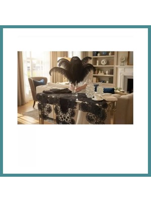 Trendexa Salon Takımı 7 Parça Keten Runner Seti Çeyizlik Palmiye Model Siyah Masa Örtüsü Mac