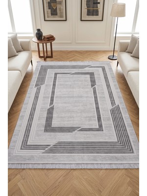 Merinos Elegance  %100 Akrilik Saçaklı Yumuşak Dokulu Modern Salon Oturma Odası Halısı Gri 74430-95