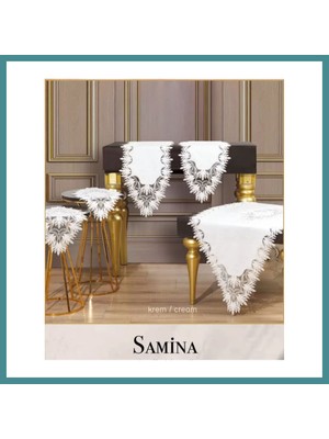 Trendexa Salon Takımı Çeyizlik Samina Model Krem Keten Dantelli Masa Örtüsü Runner Seti 5 Parça Mac