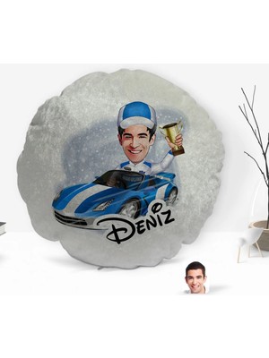 BK Gift Kişiye Özel Isimli Erkek Rallici Karikatürlü Yuvarlak Dekoratif Kırlent Yastık-1
