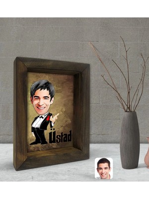 BK Gift Kişiye Özel Baba Godfather Üstad Karikatürlü Dekoratif Doğal Masif Ahşap Çerçeve 15X20CM-3