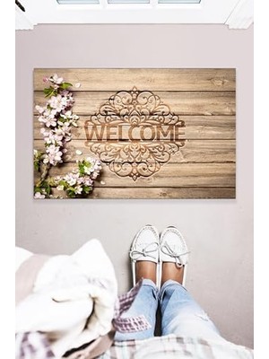 Trendexa Welcome Ahşap Desenli Dekoratif Çok Amaçlı Iç ve Dış Mekan Kapı Önü Paspası 45X70