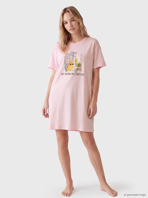 LC Waikiki Lcw Dream Pembe Bisiklet Yaka Kedi Baskılı Kadın Gecelik