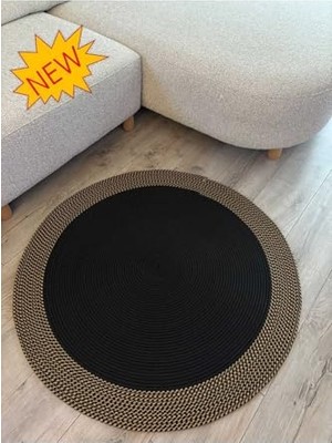 Trendexa Dahlia Yuvarlak Jüt Halı – Siyah ve Doğal Renkli Örgü El Dokuması Kilim Siyah Kırçıl 150 x 150