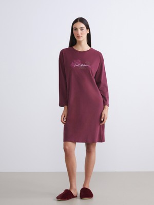 LC Waikiki Lcw Dream Bordo Petite Bisiklet Yaka Baskılı Kadın Gecelik