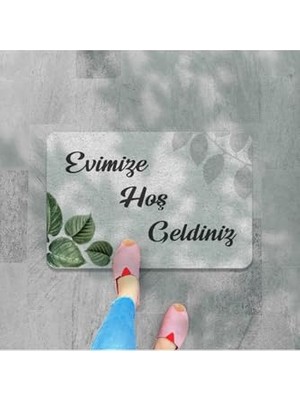 Trendexa M&h QUALITY(325) Yeşil Yaprak Hoş Geldiniz Dekoratif Kapı Önü Paspası Gri 45 x 70