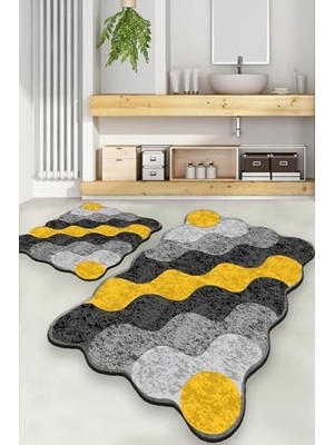 Trendexa Circle Sarı 2'li Set Banyo Halısı Djt Yıkanabilir Kaymaz Taban Paspas Klozet Takımı