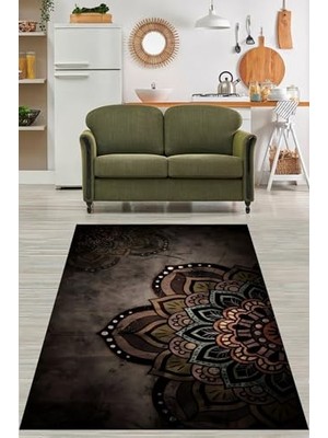 Trendexa Pelangi Etnik Mandala Desenli Eskitme Zemin Yıkanabilir Kaymaz Taban Leke Tutmaz Salon Halısı Yoluk, Acı Kahve 120 x 160