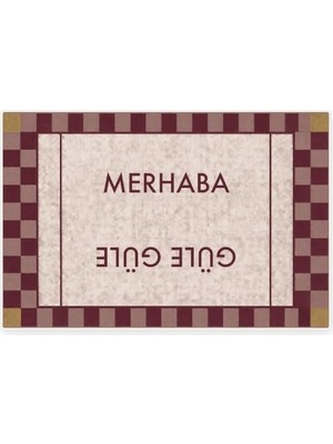 Trendexa Merhaba Güle Güle Damalı Kapı Paspası, Makinede Yıkanabilir, Kaymaz Kauçuk Taban, Dijital Baskılı Kapı Önü ve Antre Paspası, Bordo, 40X60 cm