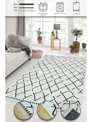 Trendexa Iskandinav Kaymaz Taban Saçaklı Dokuma Örgü Yıkanabilir Salon Oturma Odası Yolluk Kilim Beyaz 80 x 150