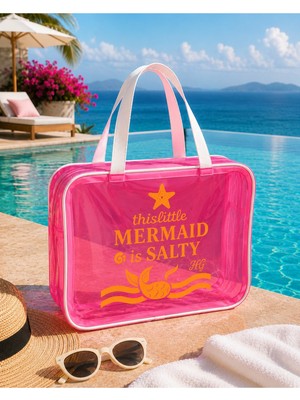Hig Home Pembe Büyük Boy Şeffaf Plaj Çantası | Mermaid Baskılı, Su Geçirmez, Tatil Çantası