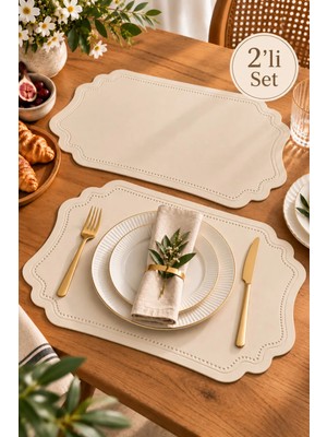 Le Paon 2'li Amerikan Servis Seti Deri Supla 45X28 cm Dekoratif Masa Servis Altlığı Bej