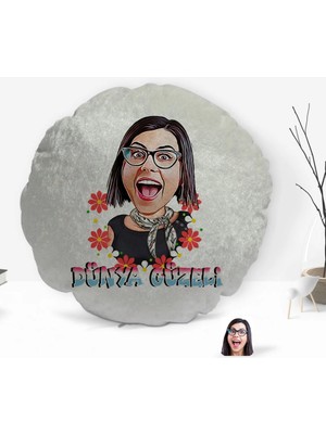 BK Gift Kişiye Özel Dünya Güzeli Karikatürlü Yuvarlak Dekoratif Kırlent Yastık-1