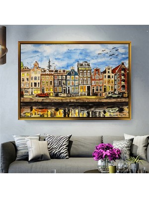 Giyense Tablo Amsterdam Evleri Suluboya Görünümlü Çerçeveli Tablo Renkli Şehir Manzaralı Duvar Dekoru Modern Salon Tablosu