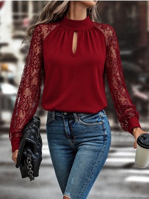 Efnaz Style Kadın Uzun Kollu Göğüs Pencere Detay Yaka Boğazlı Kolları Tüllü Sandy Bluz