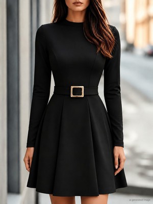 Efnaz Style Kadın Uzun Kollu Yarı Balıkçı Yakalı Belinde Toka Detaylı Kısa Modal Elbise