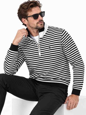 Lacoste Fermuar Yaka Regular Fit Ekru-Siyah Çizgi Uzun Kol