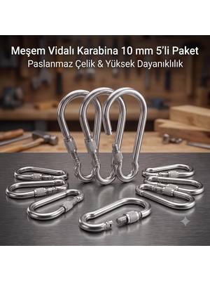 Milas Toptan Metal Vidalı Karabina 10 mm 5'li Paket - Kalın Çelik Yük Taşıma Kancası, Dağcılık ve Taktik Askı Aparatı