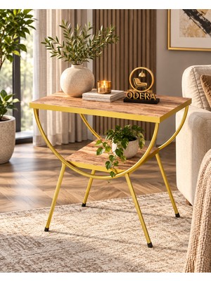 Odera Ceviz Çift Raflı Yan Sehpa Komodin Metal Ayaklı Retro Modern Salon ve Yatak Odası Sehpası