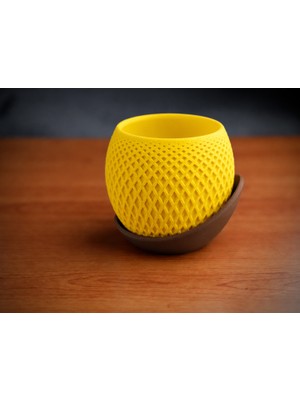 Milas Toptan Küre Saksı – 3D Baskı Kafes Dokulu Iki Parçalı Dekoratif Saksı - Sarı-Kahverengi