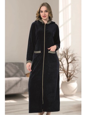esrateks Altın Işlemeli Fermuarlı Kapüşonlu Havlu Elbise