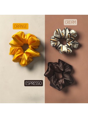 Chamis 3’lü El Yapımı Saten Scrunchie Seti | Orange, Cream & Espresso
