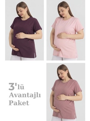 Floranova Özel Seri Pratik Giysi Dökümlü Üst Rahat Kıyafet Pamuklu Kısa Kollu Hamile Tişört 3'lü Paket