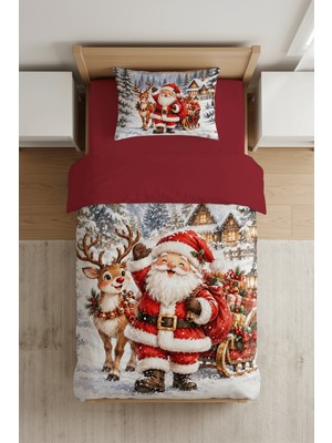 Luvis Store Santa’s Journey: Noel Baba & Geyik Desenli Dijital Baskılı Tek Kişilik Nevresim Takımı - Çarşafsız