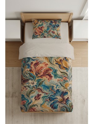 Luvis Store Marble Bloom Mermer Çiçek Desenli Dijital Baskılı Tek Kişilik Nevresim Takımı - Çarşafsız